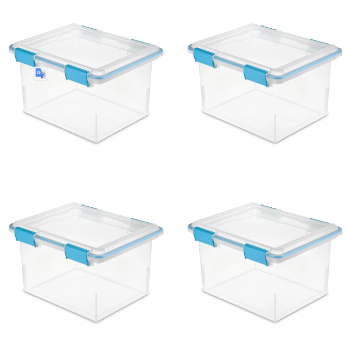 Sterilite 32 Qt Gasket Box Clear Base and Lid Blue Aquarium Set of 4