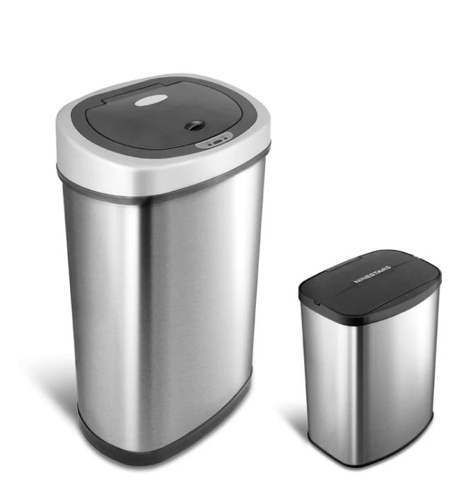 NINESTARS CB-DZT-50-9/8-1 Automatic Touchless Infrared Motion Sensor Trash Can Combo Set, 13 Gal 50L & 2 Gal 8L, Stainless Steel Base (Oval & Rectangular, Silver/Black Lid)
